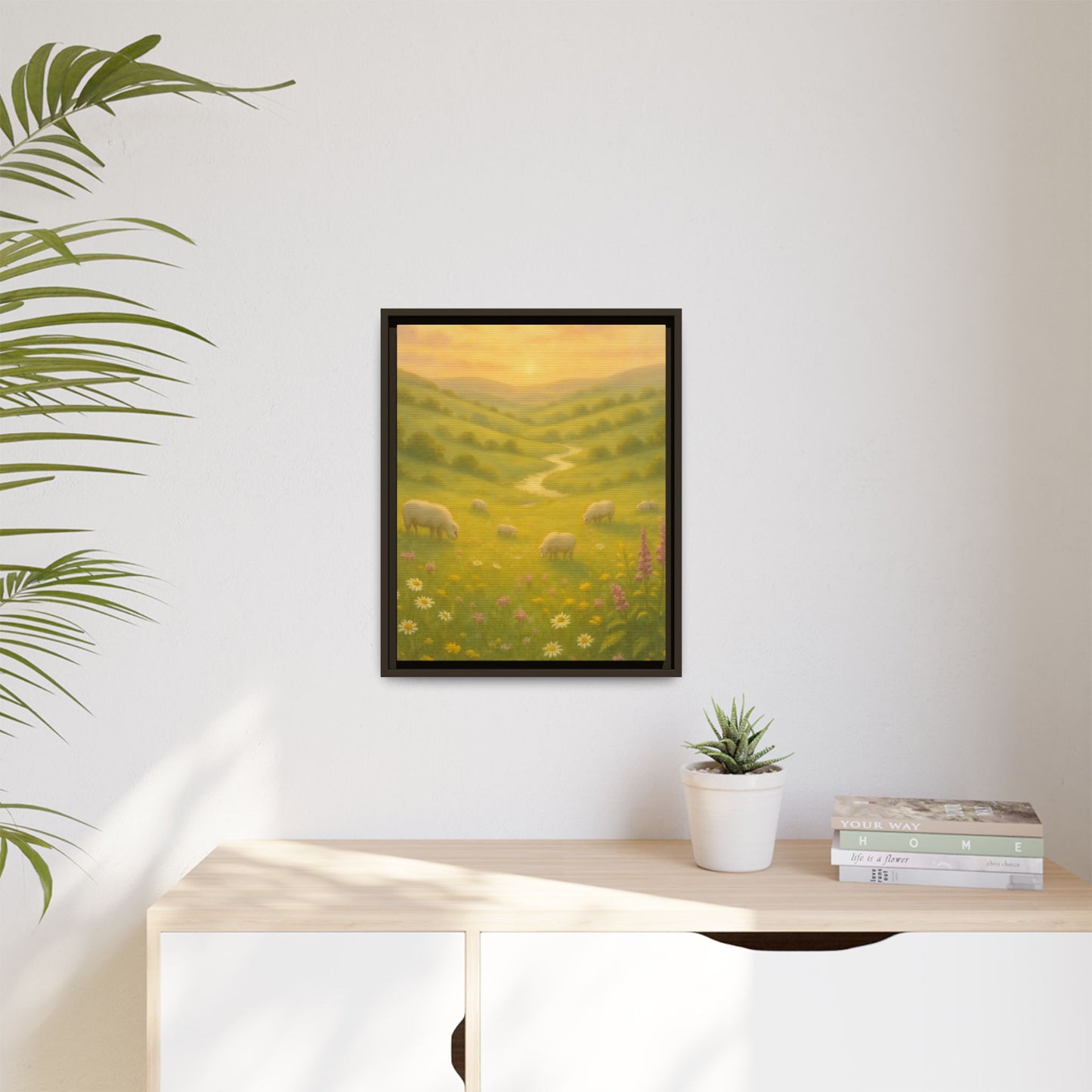 Golden Meadow Sunrise – Framed Matte Canvas Pastoral Landscape Art