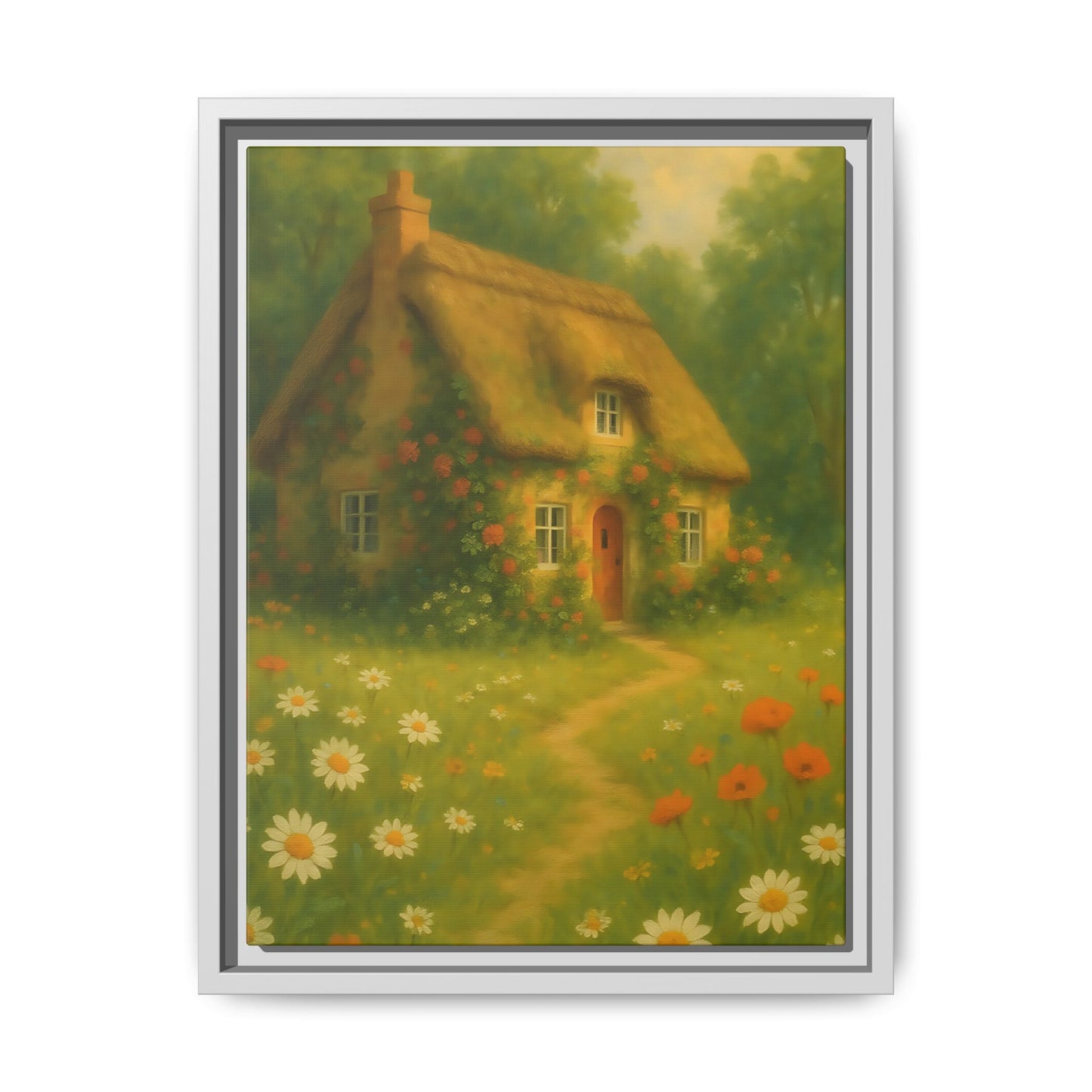 Cottage in Bloom – Framed Matte Canvas Art of Thatched Cottage & Wildflowers