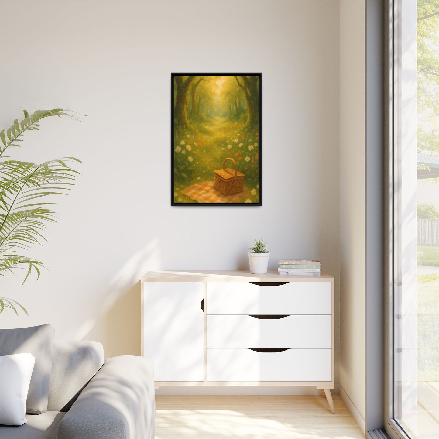 Golden Meadow Picnic Path – Framed Matte Canvas Wall Art