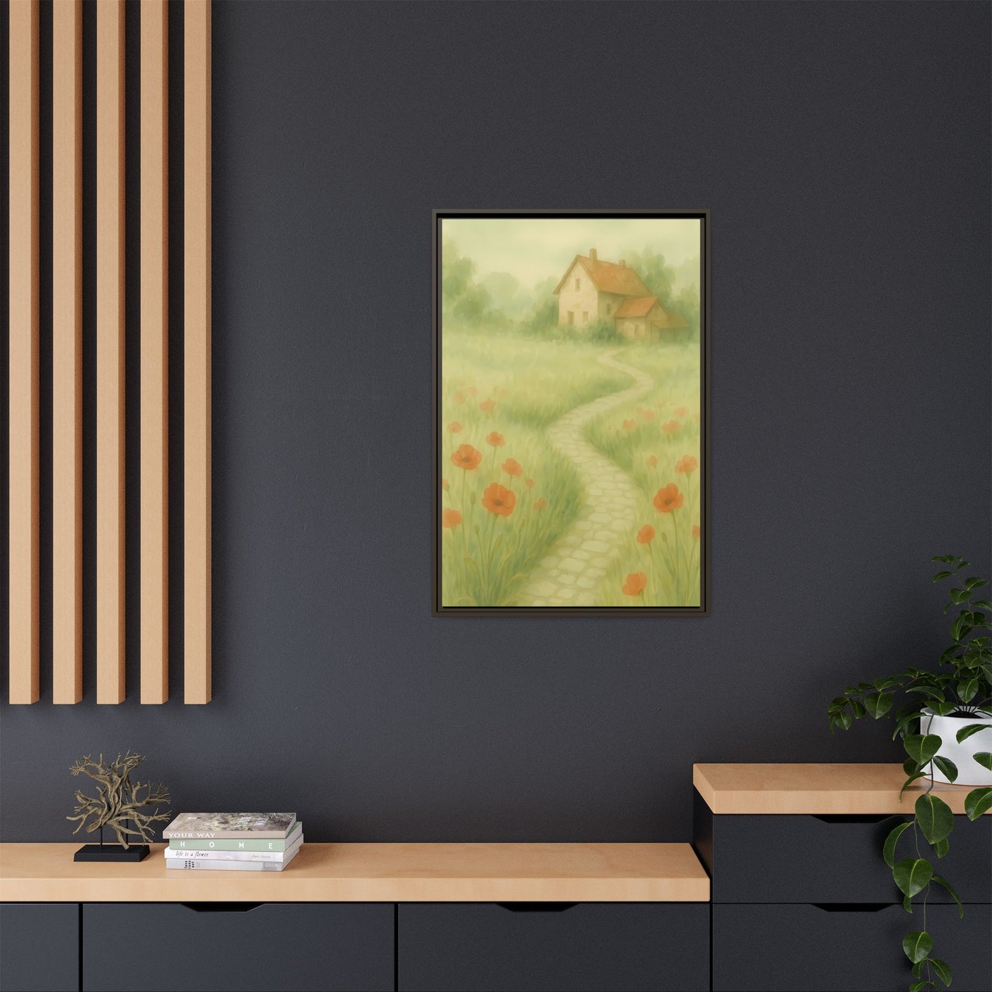 Poppy Path to Home – Framed Matte Canvas of Cottage & Flower Field Landscape