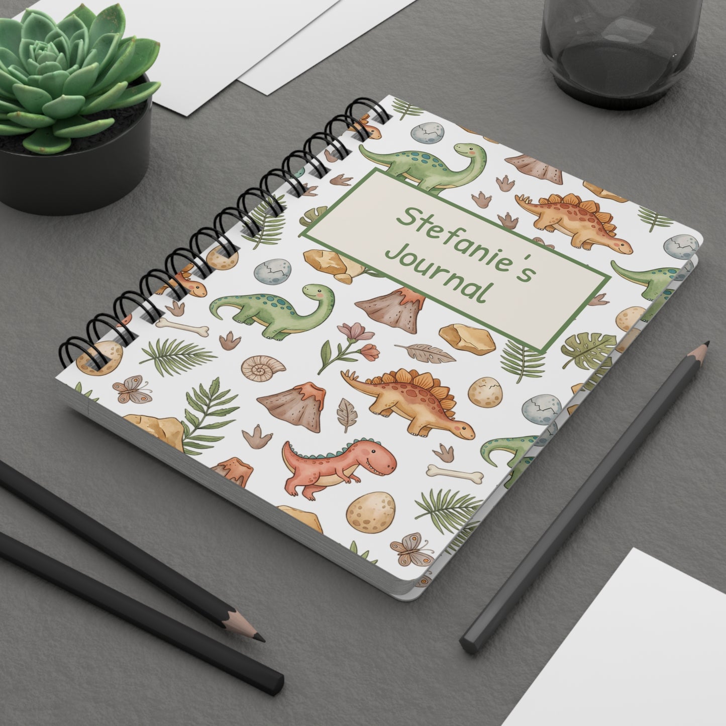 Personalized Dinosaur Spiral Journal – Cute Dino Kids Notebook