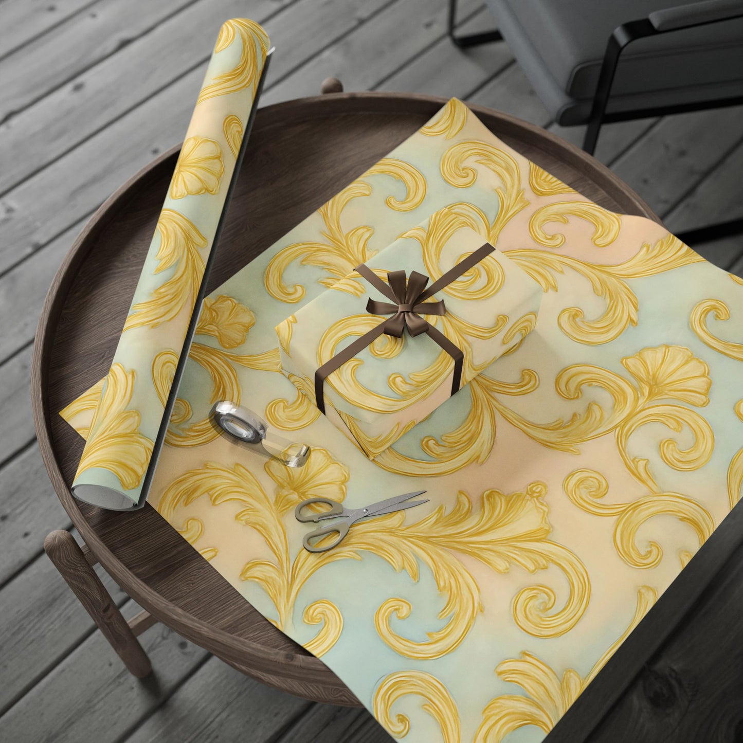 Baroque Gold Scroll Wrapping Paper – Luxury Gift Wrap in Glossy or Matte Finish