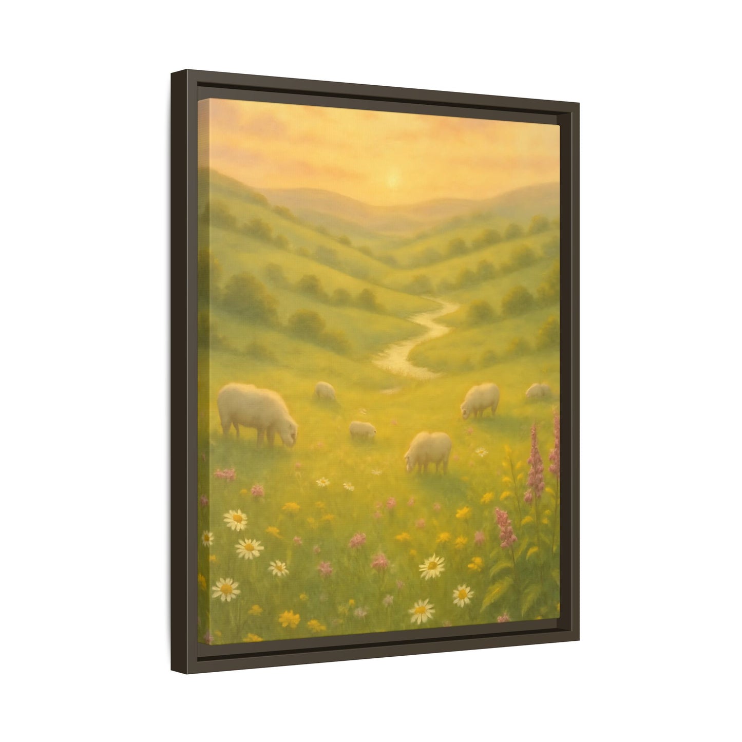 Golden Meadow Sunrise – Framed Matte Canvas Pastoral Landscape Art