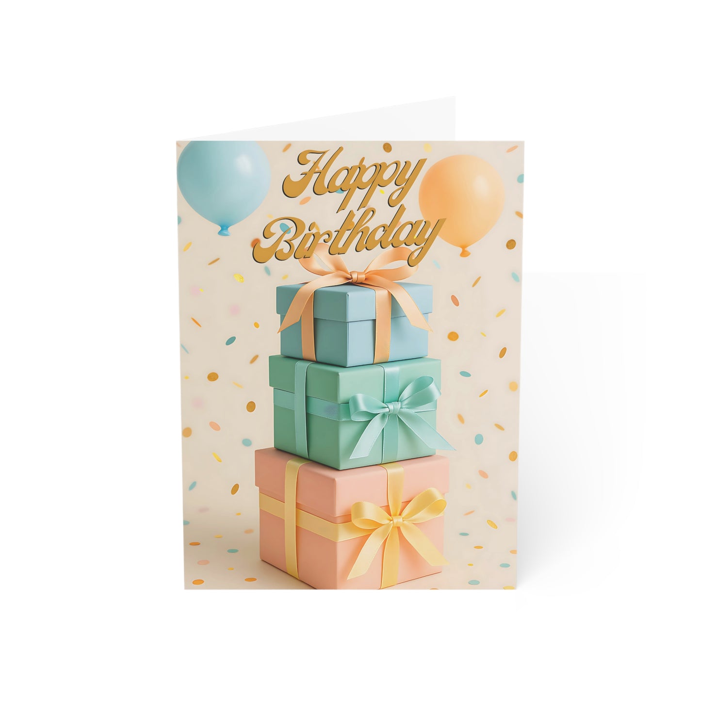 Blank Inside Happy Birthday Card with Pastel Gift Stack, Balloons & Confetti