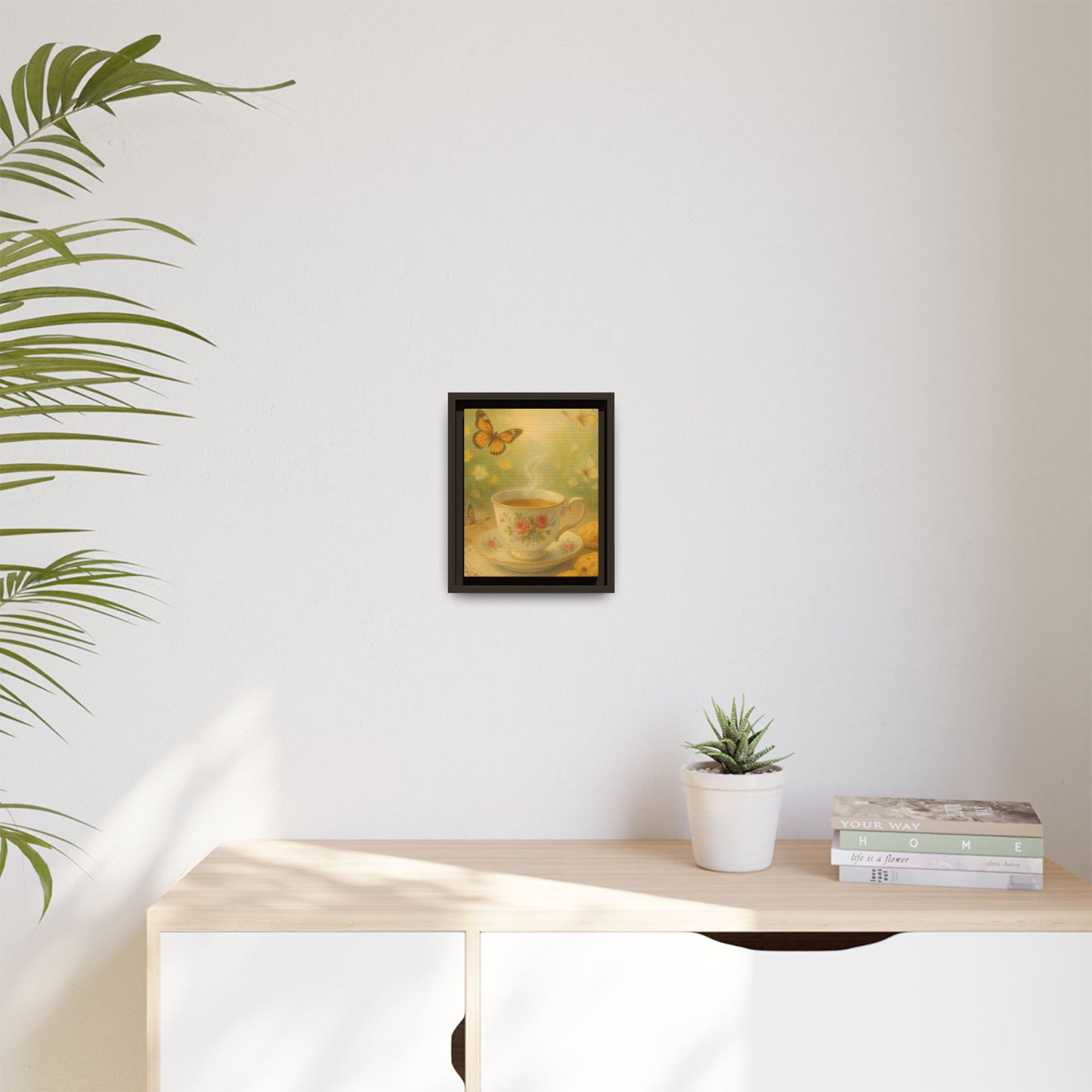 Tea & Butterflies – Framed Matte Canvas of Vintage Teacup and Garden Scene
