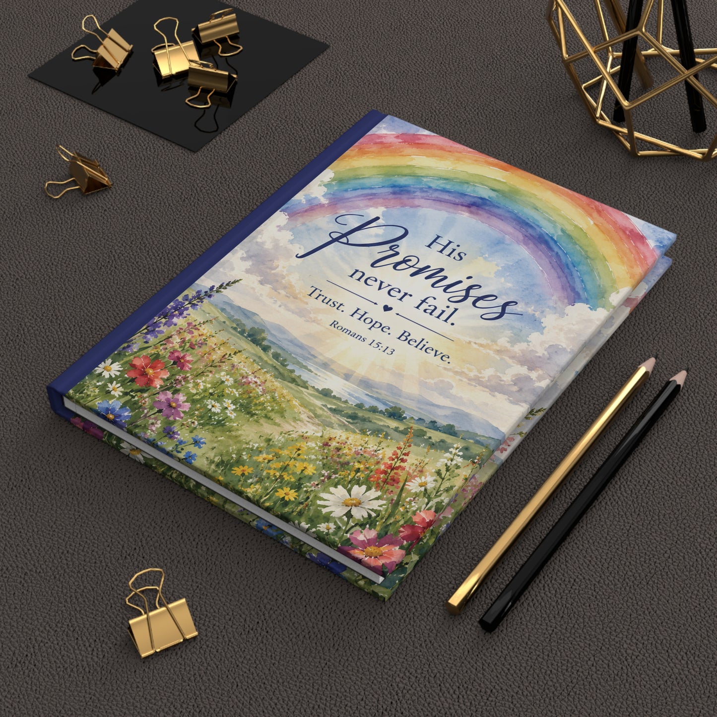 Inspirational Hardcover Journal — "His Promises Never Fail" Christian Rainbow Faith Notebook