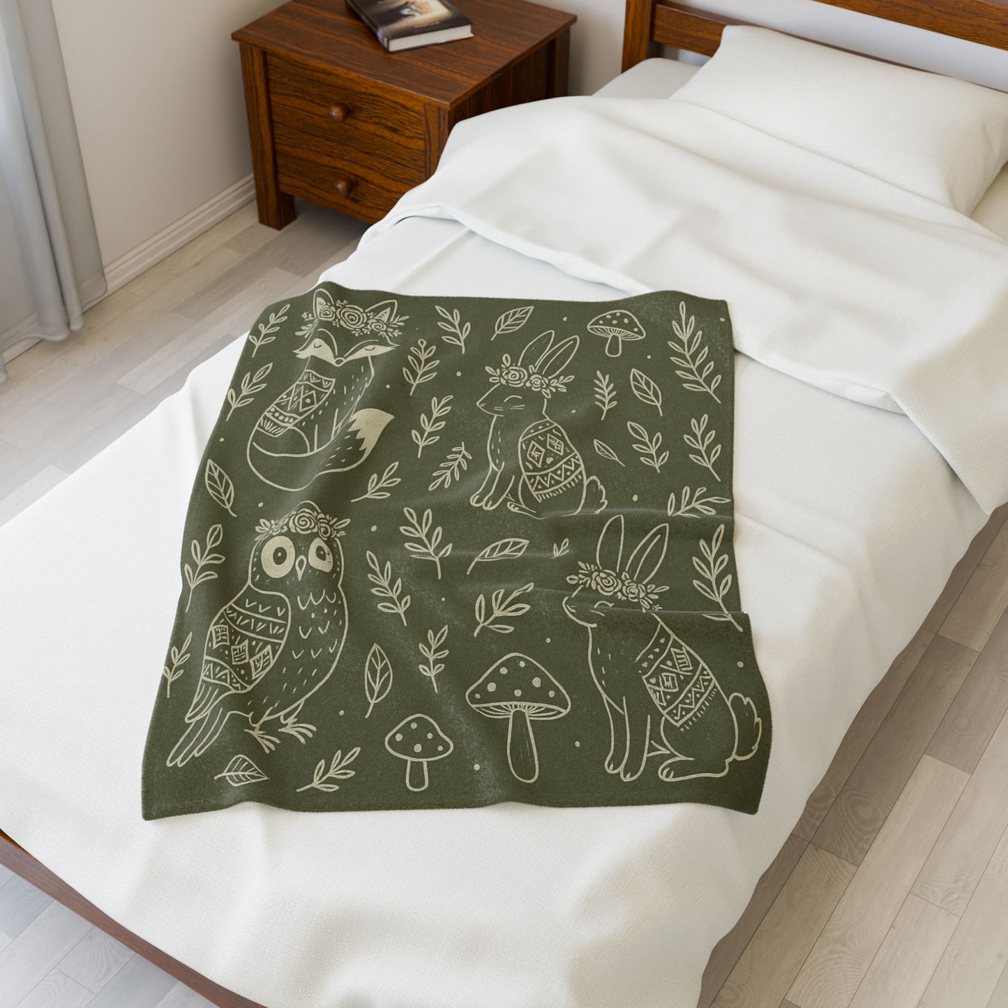 Boho Woodland Animal Velveteen Plush Blanket – Forest Green