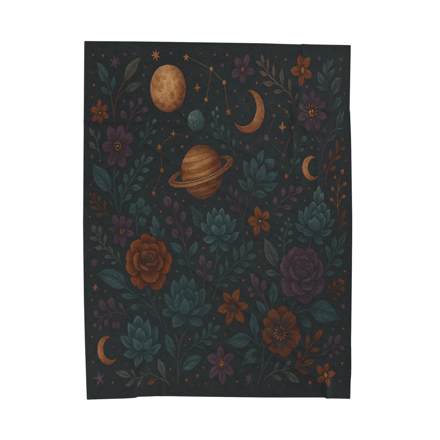 Celestial Garden Velveteen Plush Blanket – Planets, Flowers & Stars Design