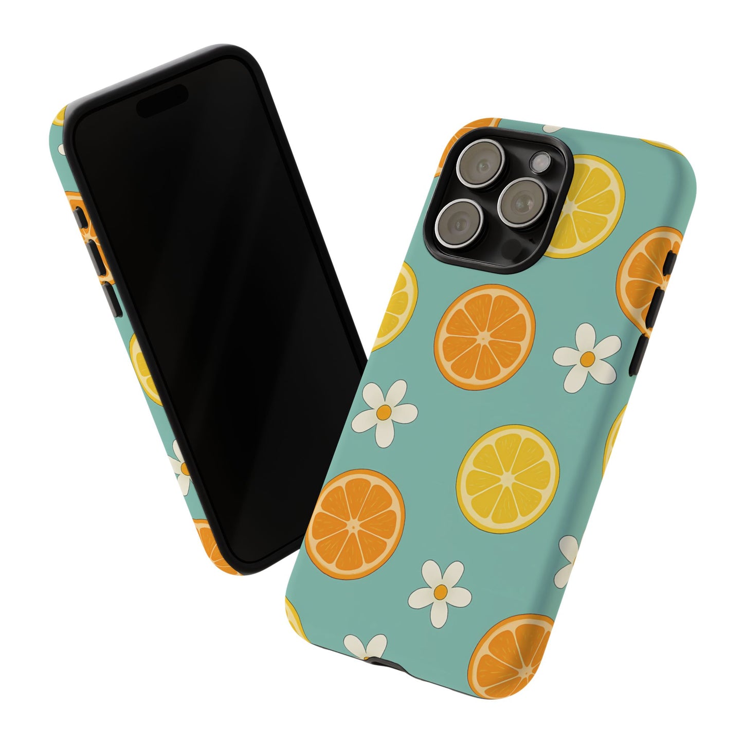 Citrus Bloom Phone Case – Orange, Lemon & Daisy Pattern on Teal