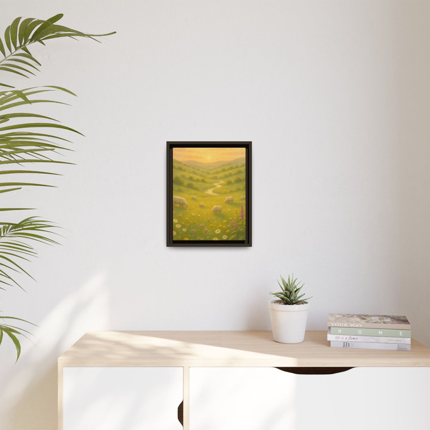 Golden Meadow Sunrise – Framed Matte Canvas Pastoral Landscape Art