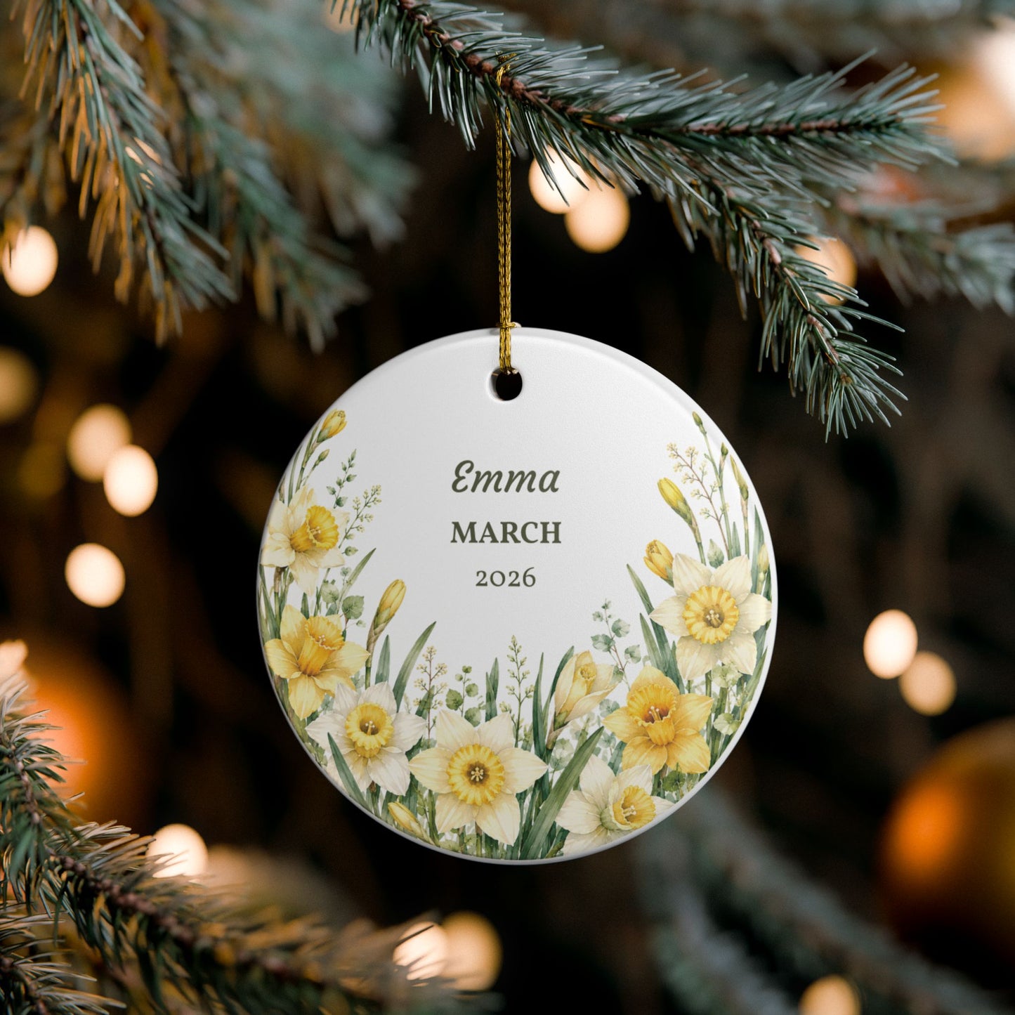 Personalized Daffodil Ceramic Ornament – Custom Name & Year (e.g., Emma • MARCH • 2026)
