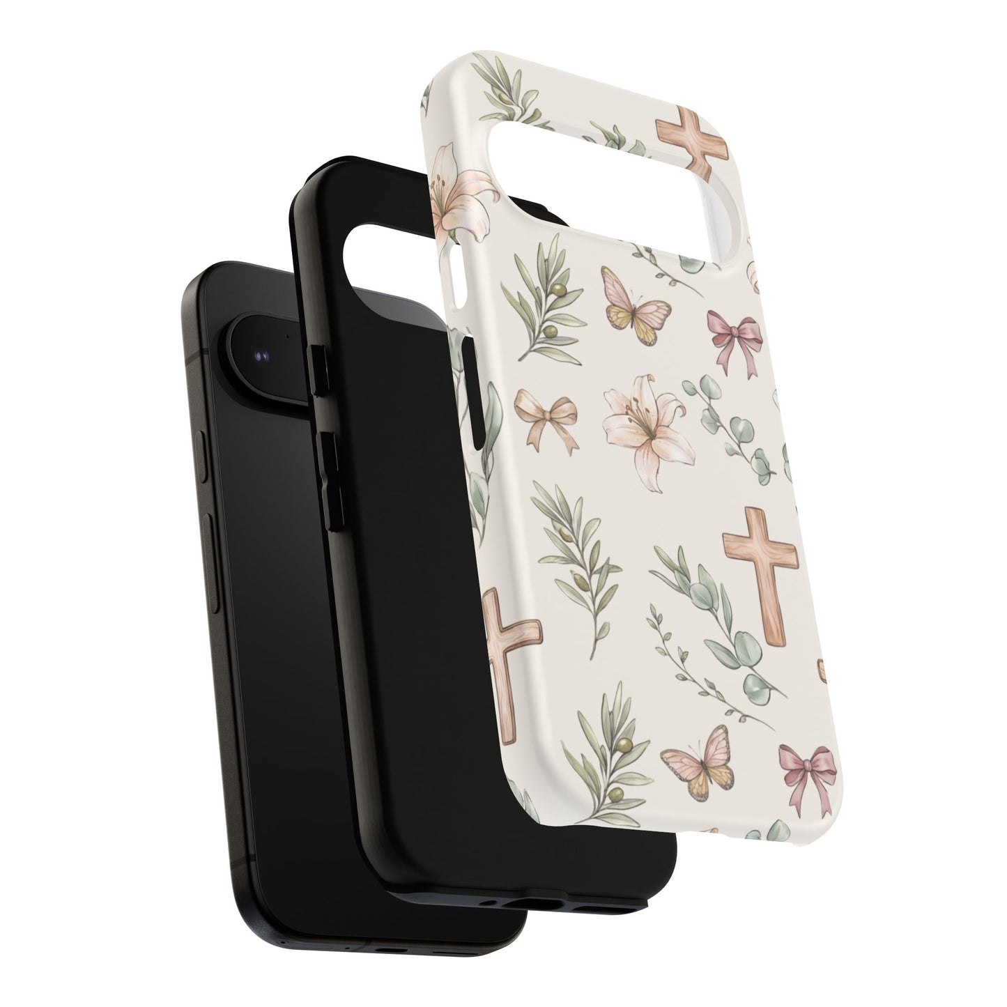 Floral Cross Tough Phone Case — Pastel Butterflies & Bows Christian Design