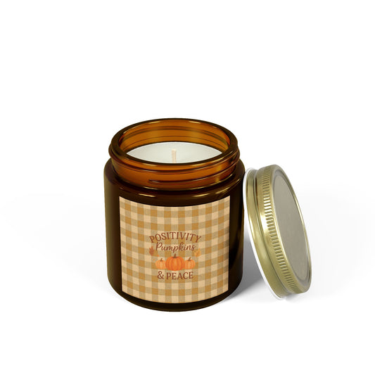 Candle jar with a checkered label on a white background