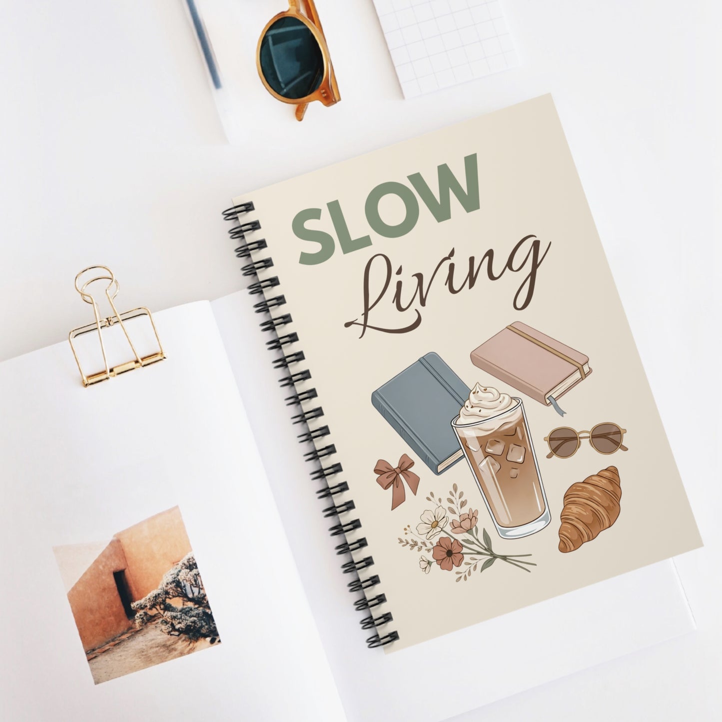 Slow Living Notebook — Ruled Spiral Journal with Cozy Coffee & Books Design