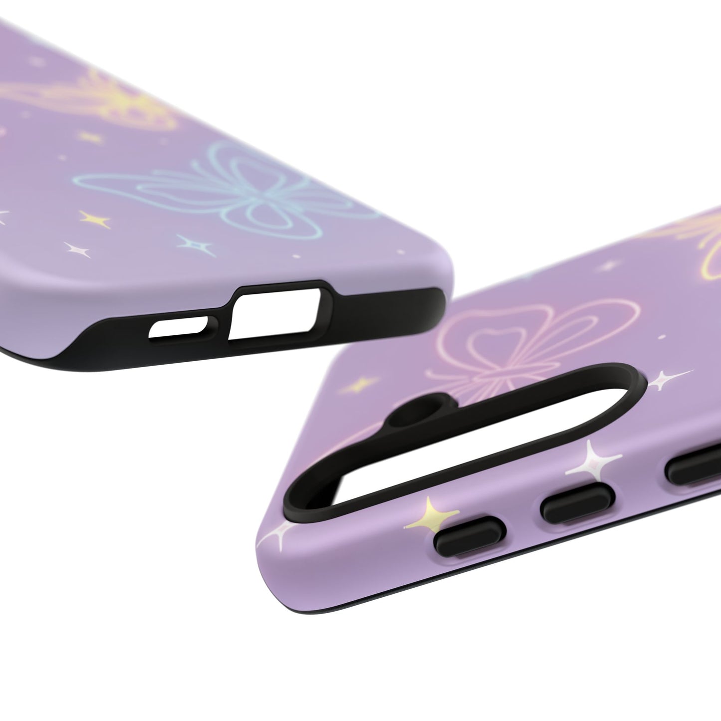 Pastel Butterfly Dream Phone Case – Purple Neon Glow with Stars