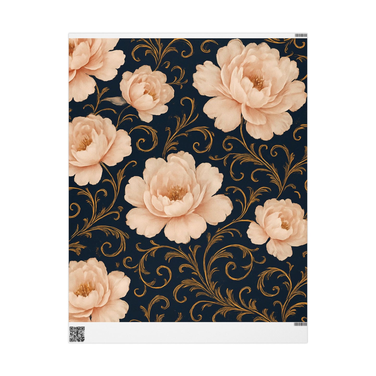 Blush Peony & Gold Scroll Wrapping Paper – Elegant Floral Gift Wrap in Glossy or Matte Finish