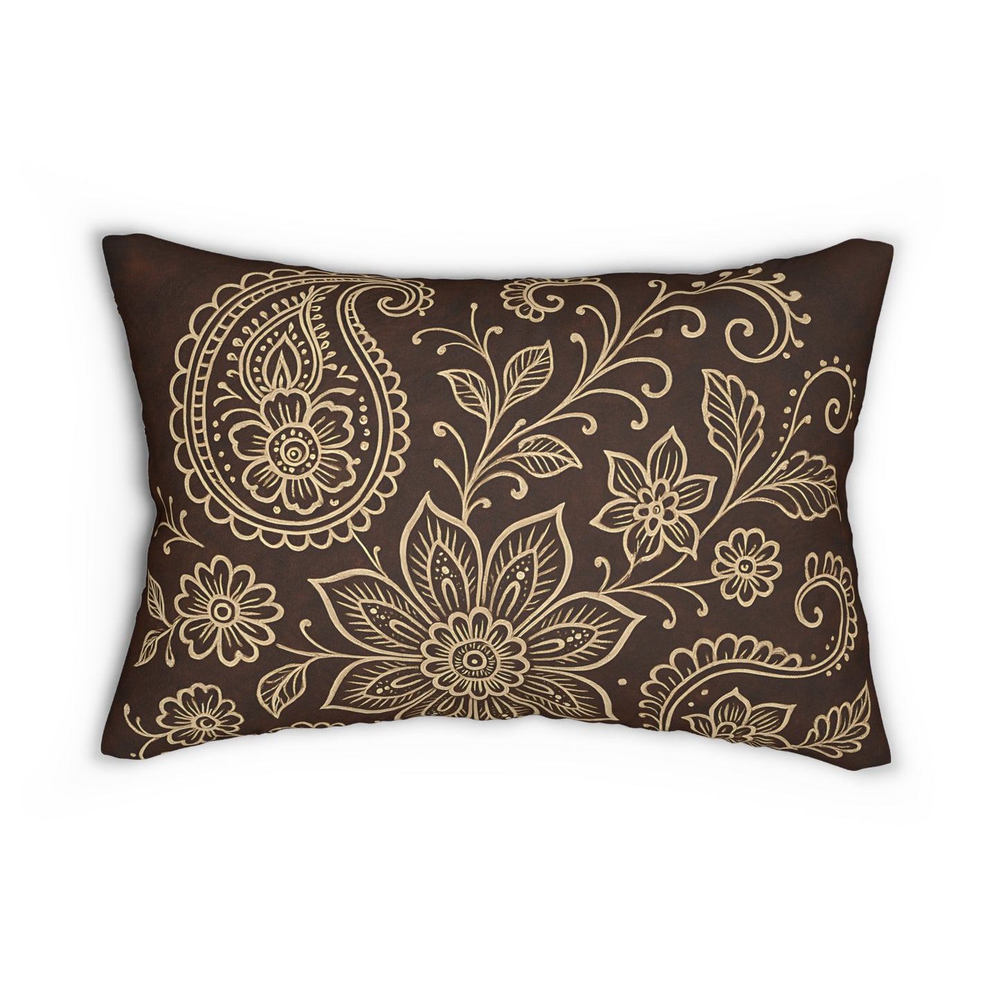 Boho Paisley Floral Lumbar Pillow – Brown & Beige Decorative Cushion