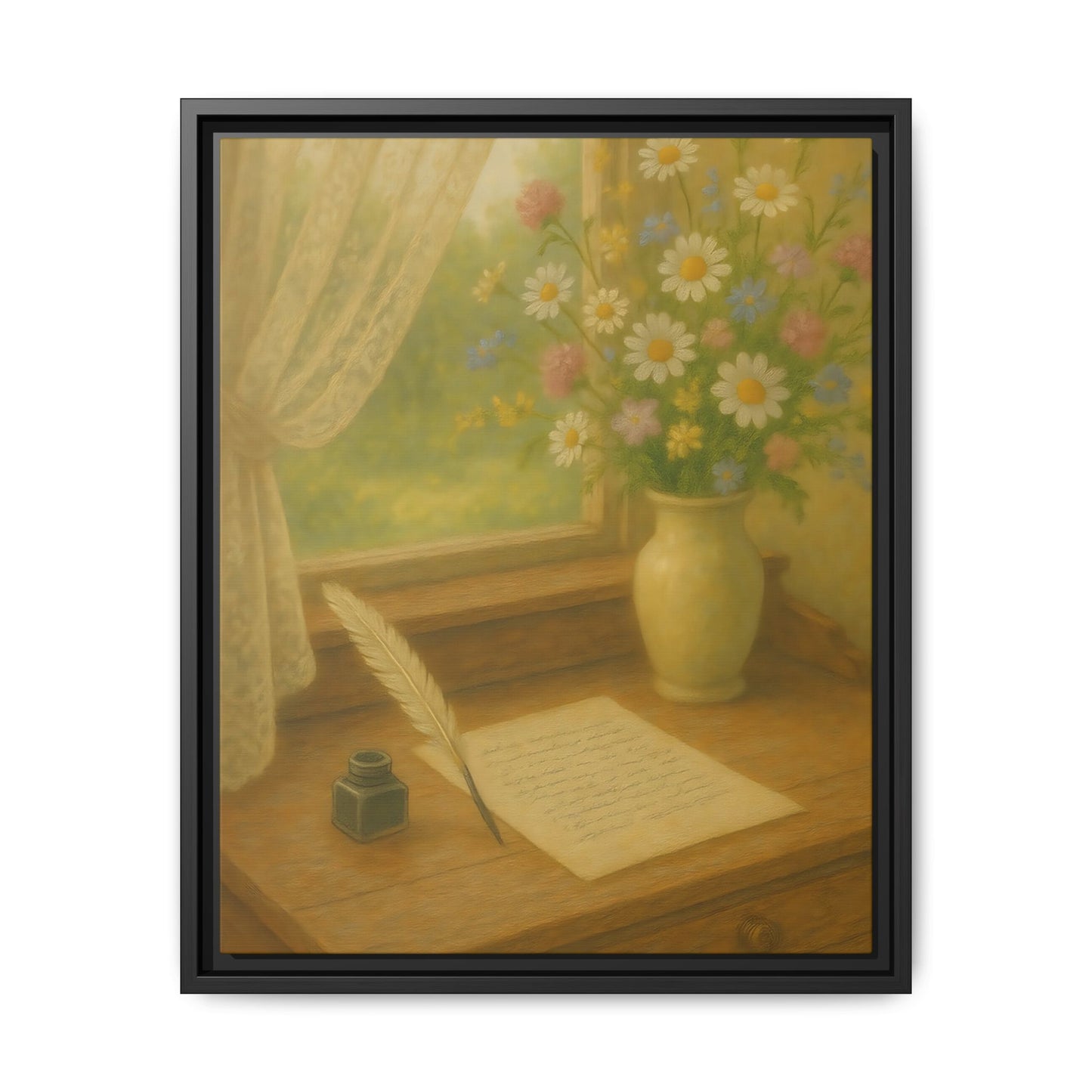 Sunlit Writing Desk – Framed Matte Canvas Art of Quill, Flowers & Lace Window