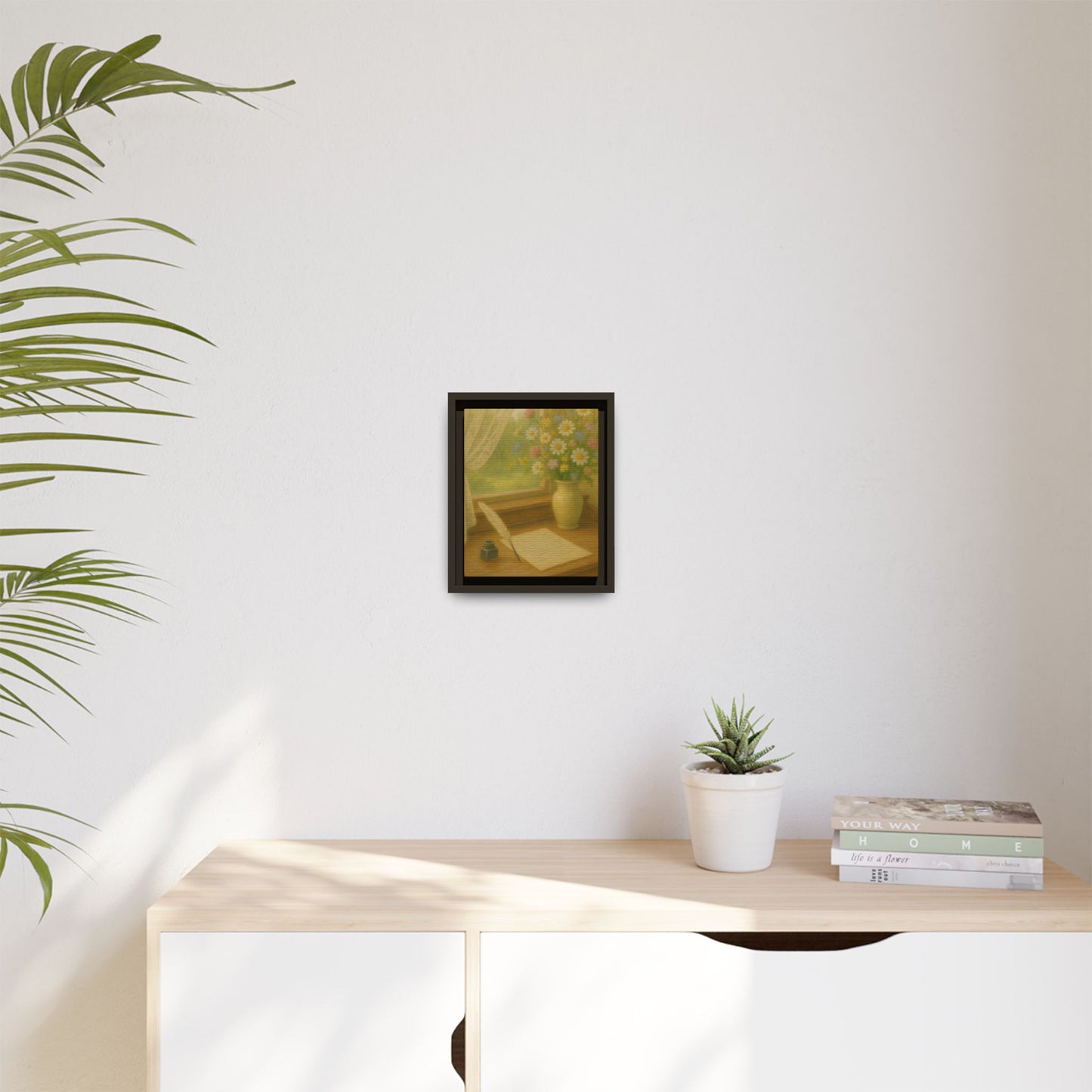 Sunlit Writing Desk – Framed Matte Canvas Art of Quill, Flowers & Lace Window