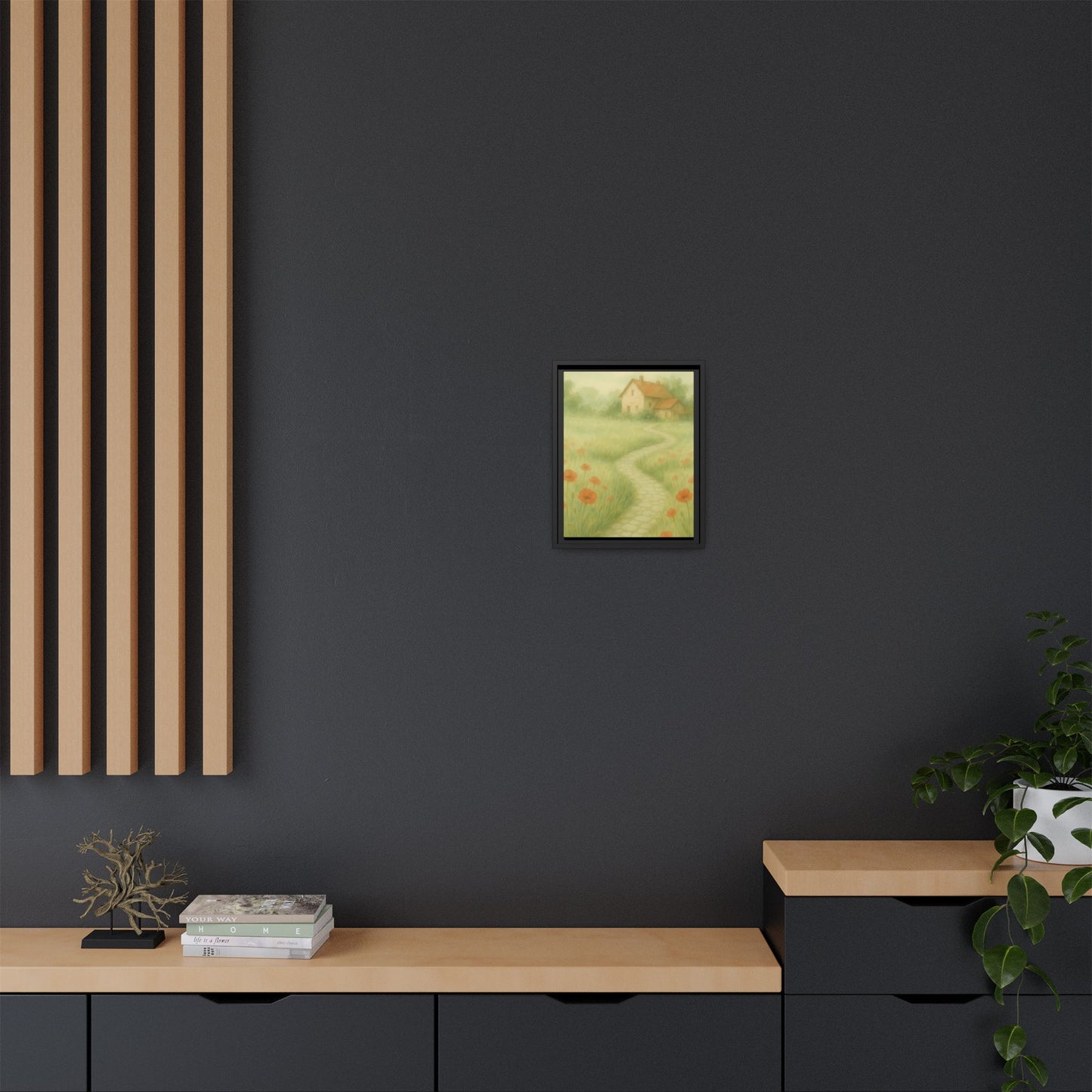 Poppy Path to Home – Framed Matte Canvas of Cottage & Flower Field Landscape