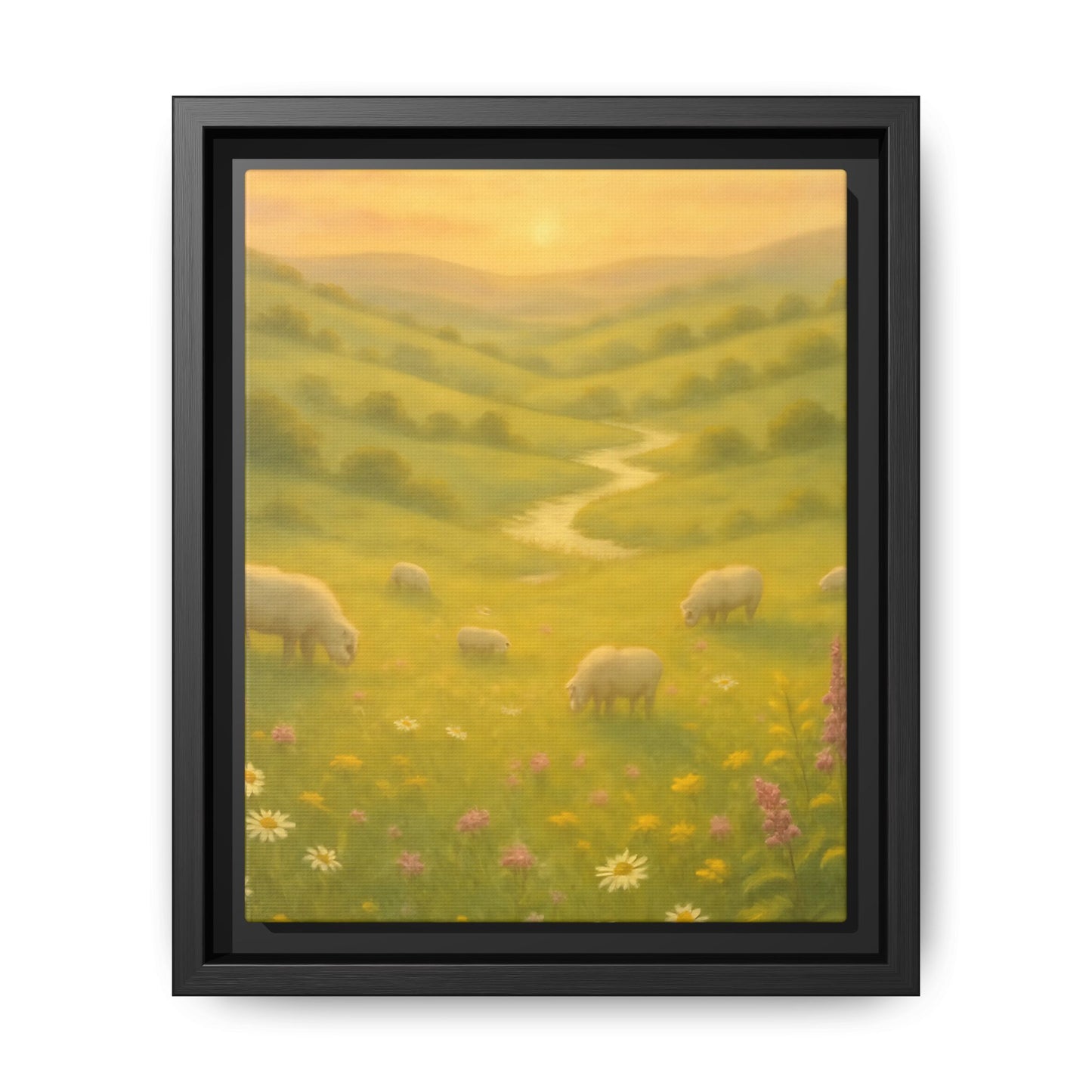 Golden Meadow Sunrise – Framed Matte Canvas Pastoral Landscape Art