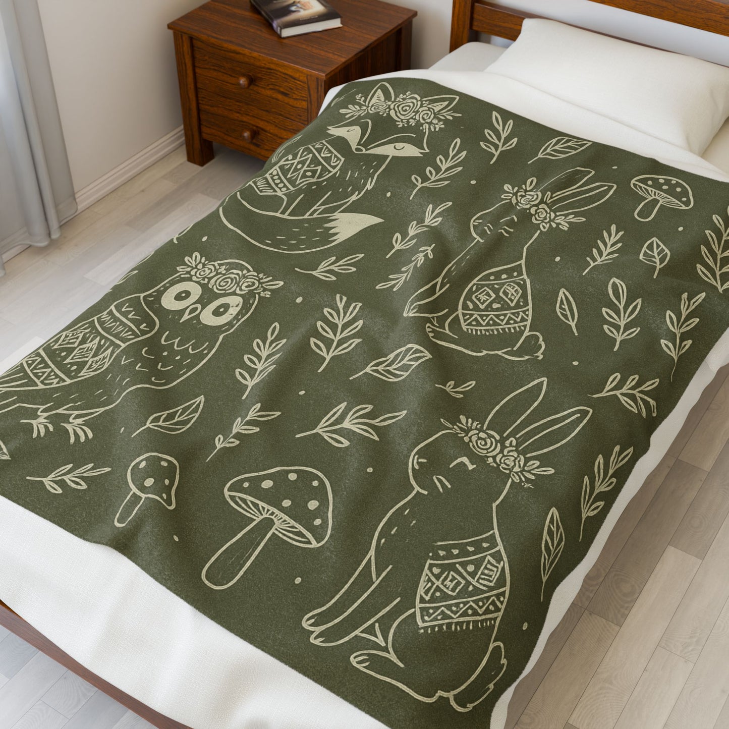 Boho Woodland Animal Velveteen Plush Blanket – Forest Green