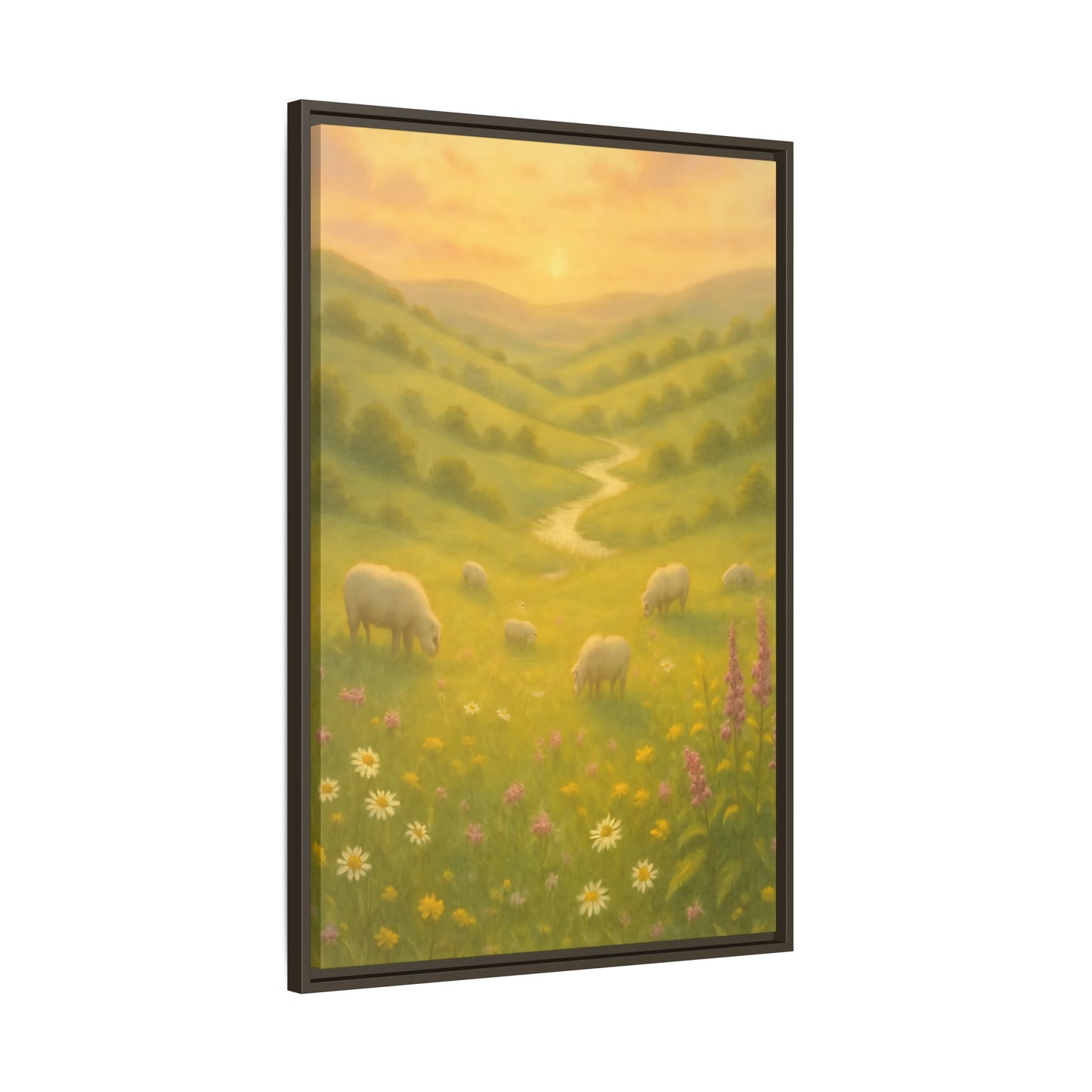 Golden Meadow Sunrise – Framed Matte Canvas Pastoral Landscape Art