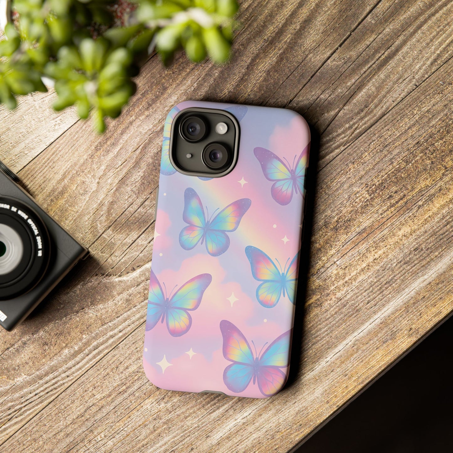 Rainbow Pastel Butterfly Phone Case – Dreamy Clouds & Iridescent Glow