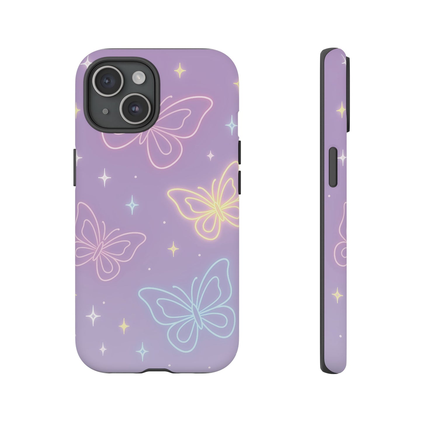 Pastel Butterfly Dream Phone Case – Purple Neon Glow with Stars