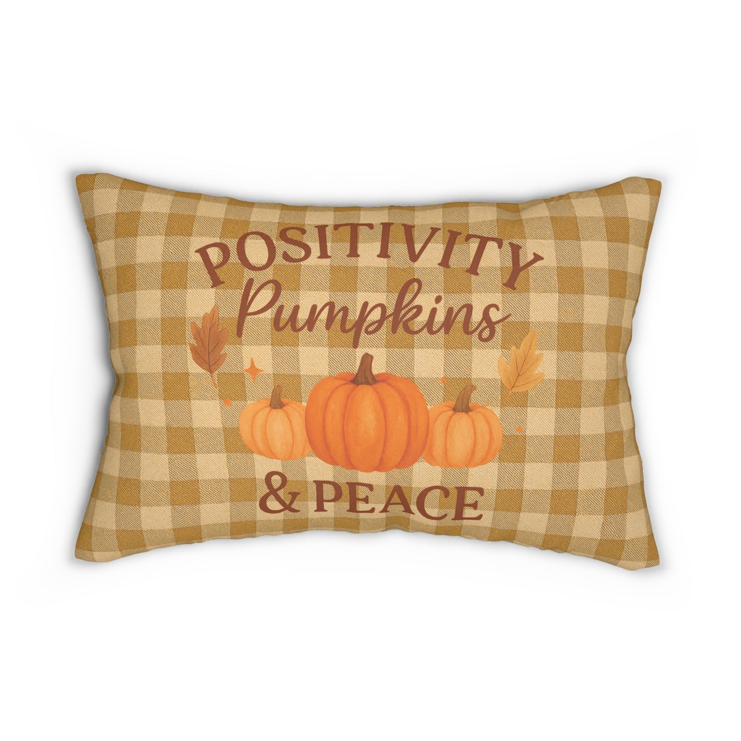 Positivity, Pumpkins & Peace Lumbar Throw Pillow – Autumn Plaid Farmhouse Decor