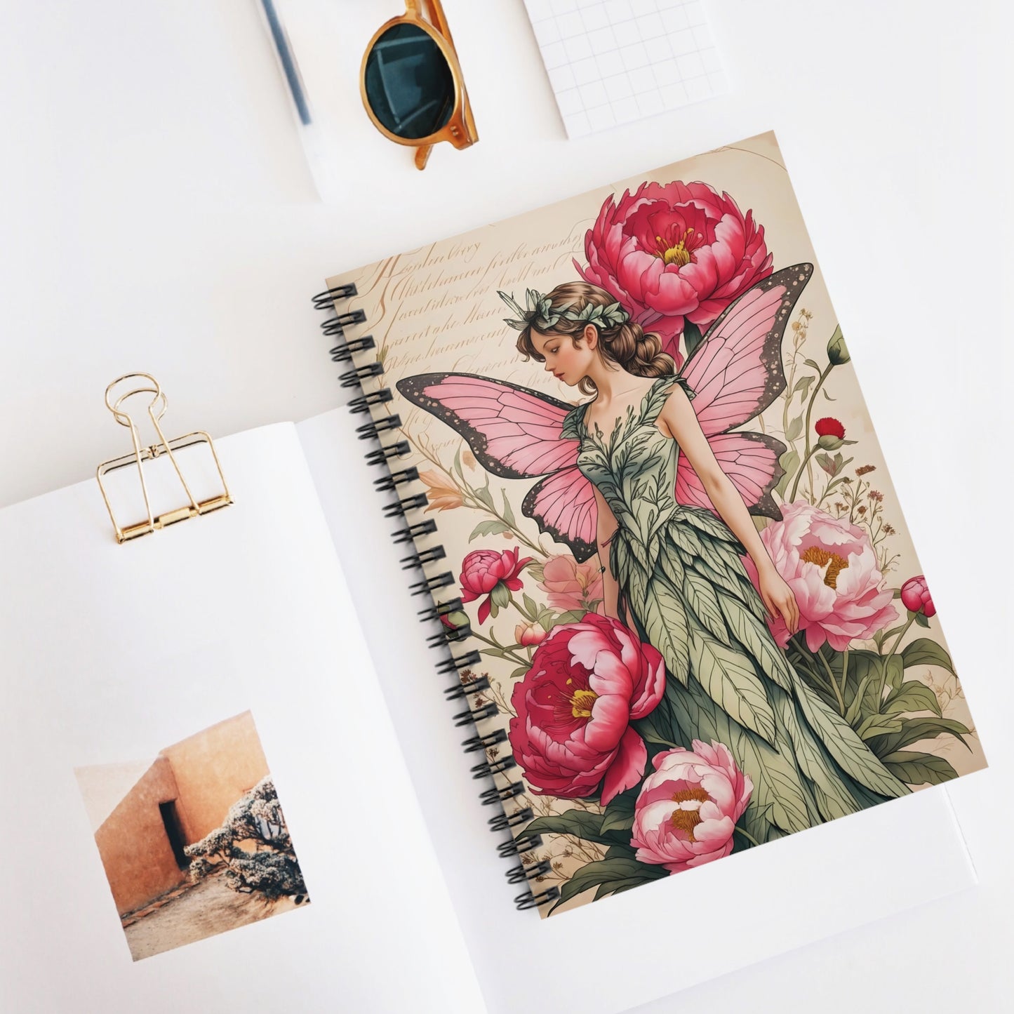 Pink Fairy Garden Spiral Notebook – 6x8 Cottagecore Lined Journal with Document Pocket for Notes and Creative Writing