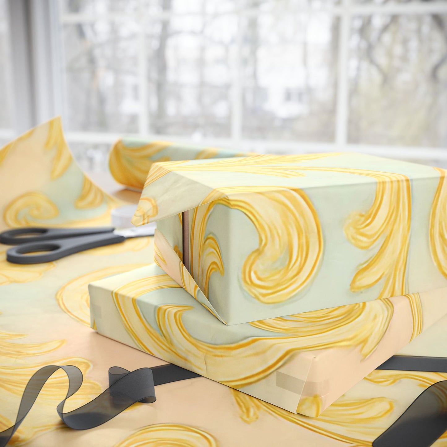 Baroque Gold Scroll Wrapping Paper – Luxury Gift Wrap in Glossy or Matte Finish
