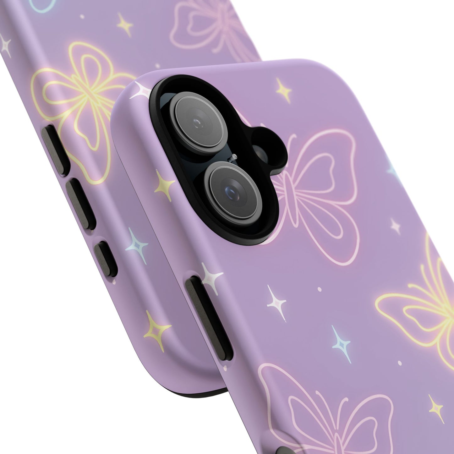 Pastel Butterfly Dream Phone Case – Purple Neon Glow with Stars