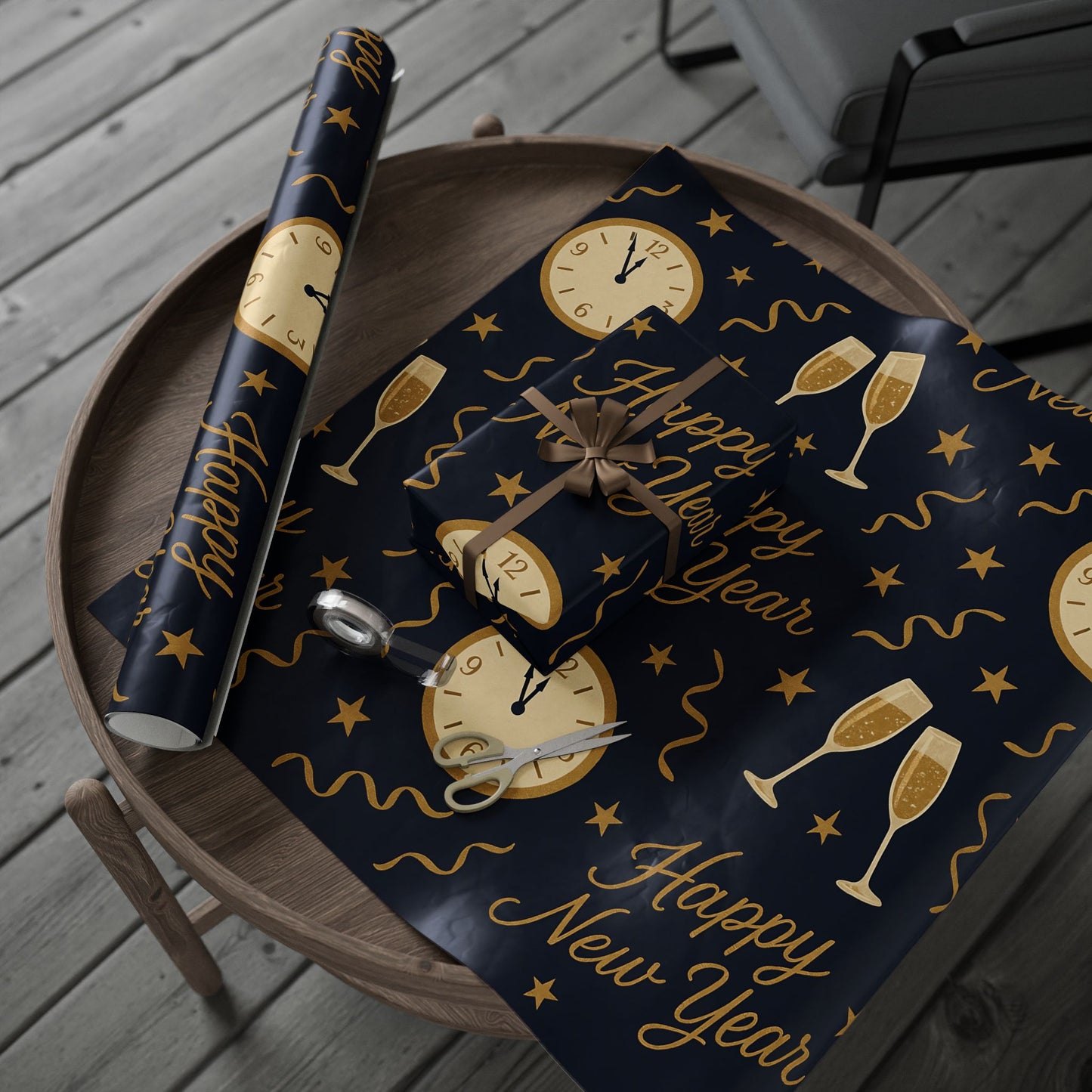Midnight Celebration New Year Wrapping Paper – Clocks, Champagne & Confetti on Navy