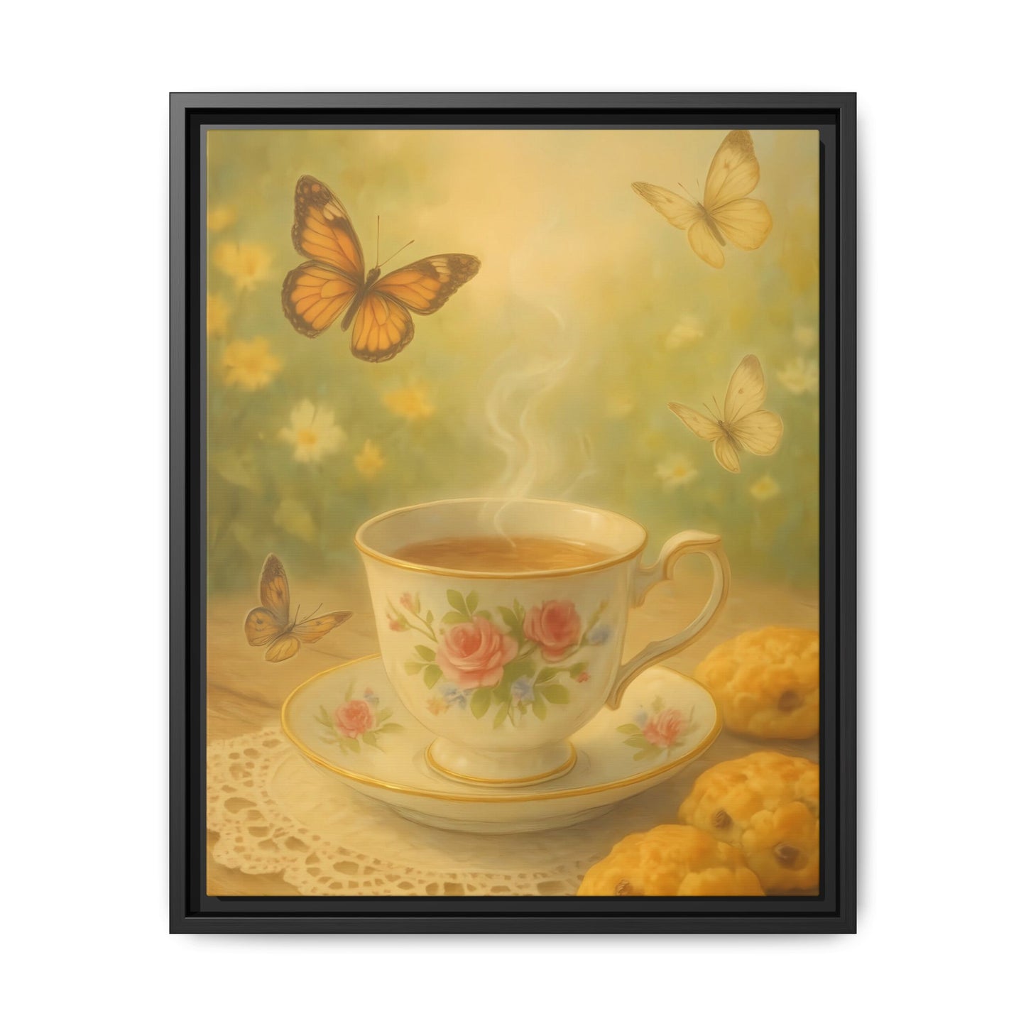 Tea & Butterflies – Framed Matte Canvas of Vintage Teacup and Garden Scene