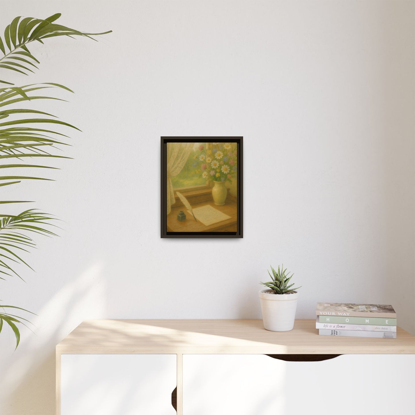 Sunlit Writing Desk – Framed Matte Canvas Art of Quill, Flowers & Lace Window