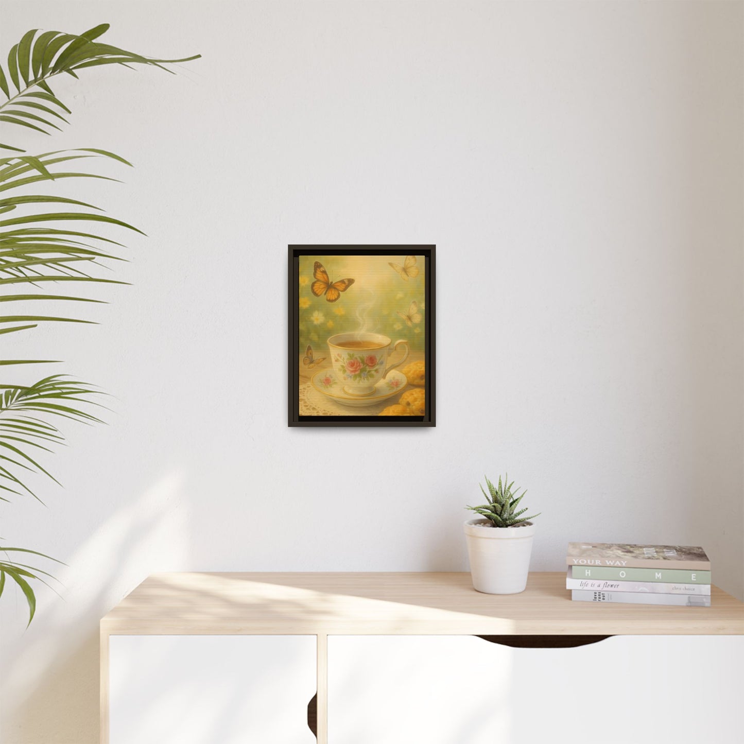Tea & Butterflies – Framed Matte Canvas of Vintage Teacup and Garden Scene