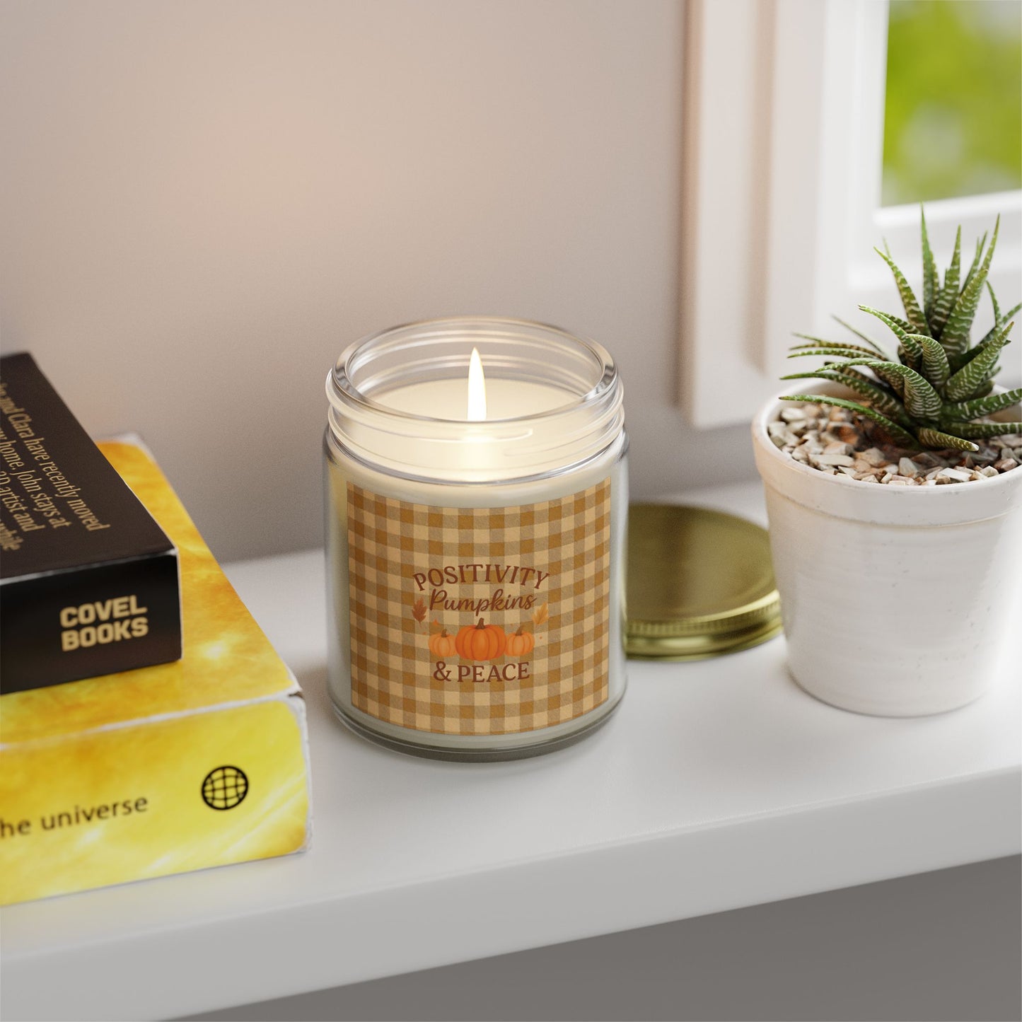Positivity Pumpkins & Peace Candle - Fall Scented Coconut Apricot Wax Candle in Gingham Jar, Eco-Friendly Autumn Gift, 4oz or 9oz