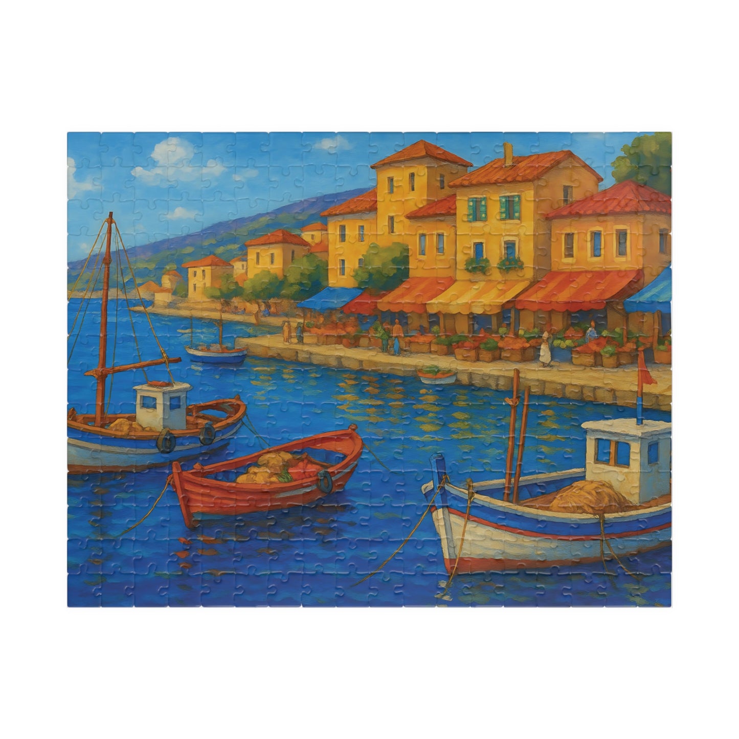 Mediterranean Harbor Jigsaw Puzzle – Colorful Coastal Village with Fishing Boats