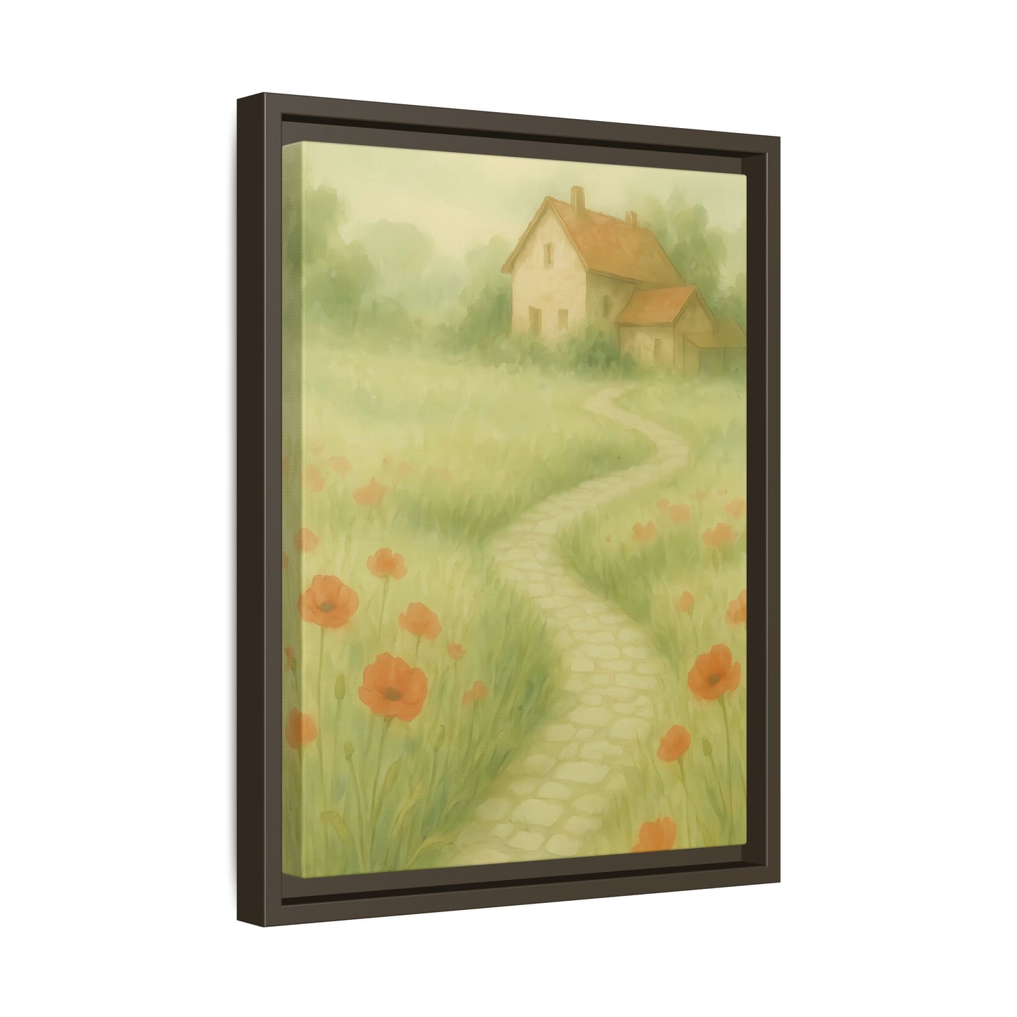 Poppy Path to Home – Framed Matte Canvas of Cottage & Flower Field Landscape