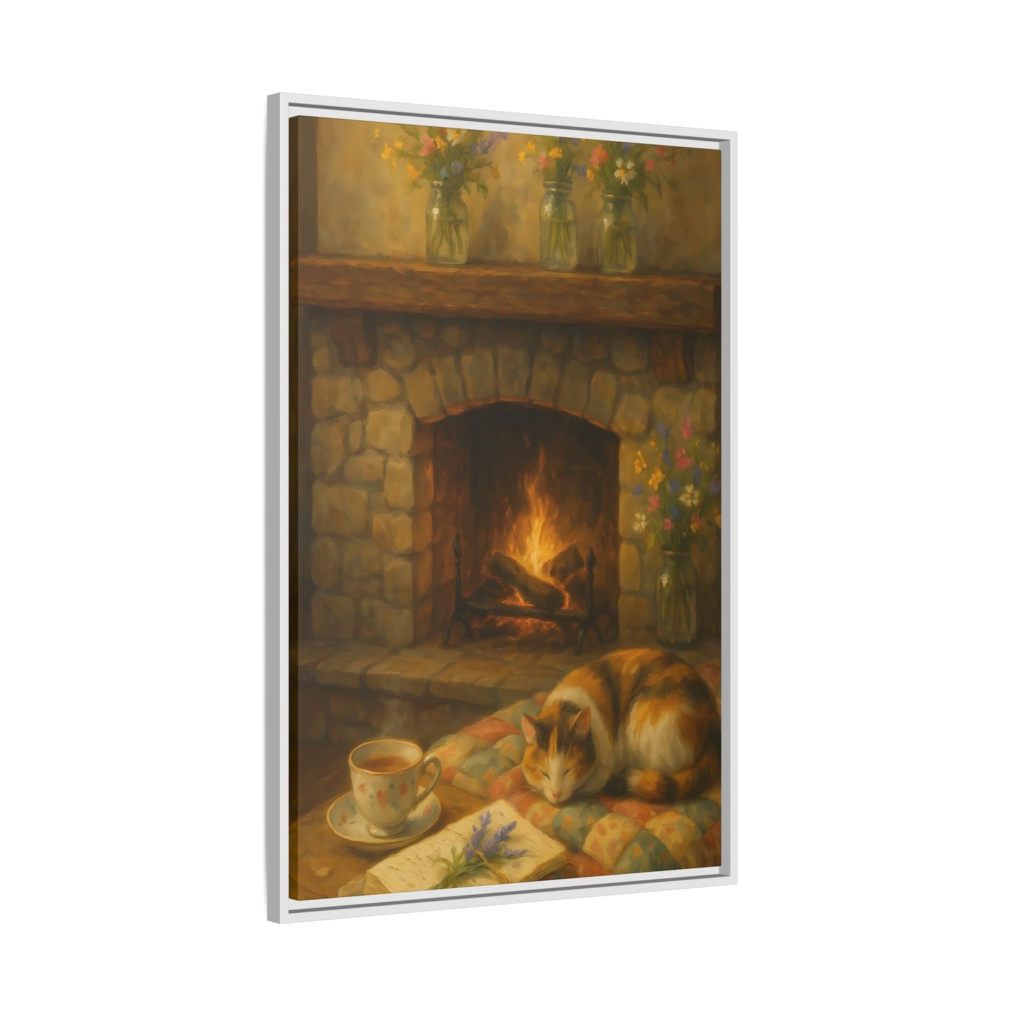 Hearthside Comfort – Framed Matte Canvas with Cat, Fireplace & Tea