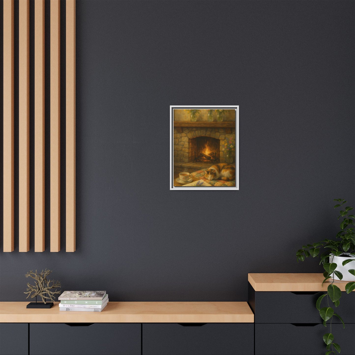 Hearthside Comfort – Framed Matte Canvas with Cat, Fireplace & Tea