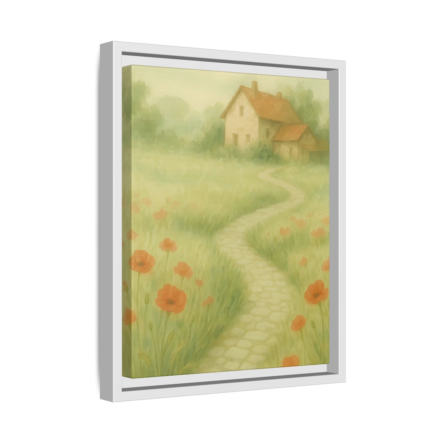 Poppy Path to Home – Framed Matte Canvas of Cottage & Flower Field Landscape