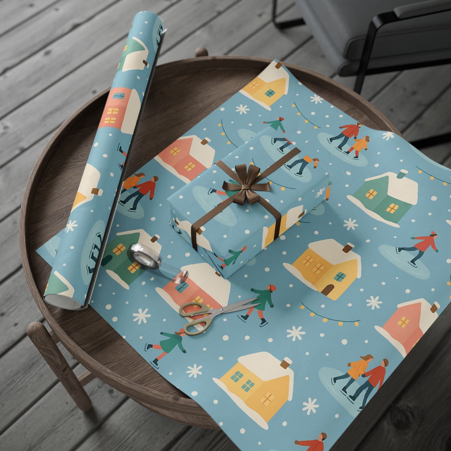 Pastel Winter Village Wrapping Paper with Ice Skaters – Holiday Gift Wrap in Matte or Glossy