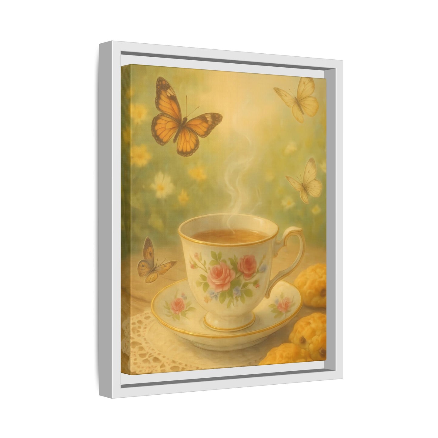 Tea & Butterflies – Framed Matte Canvas of Vintage Teacup and Garden Scene