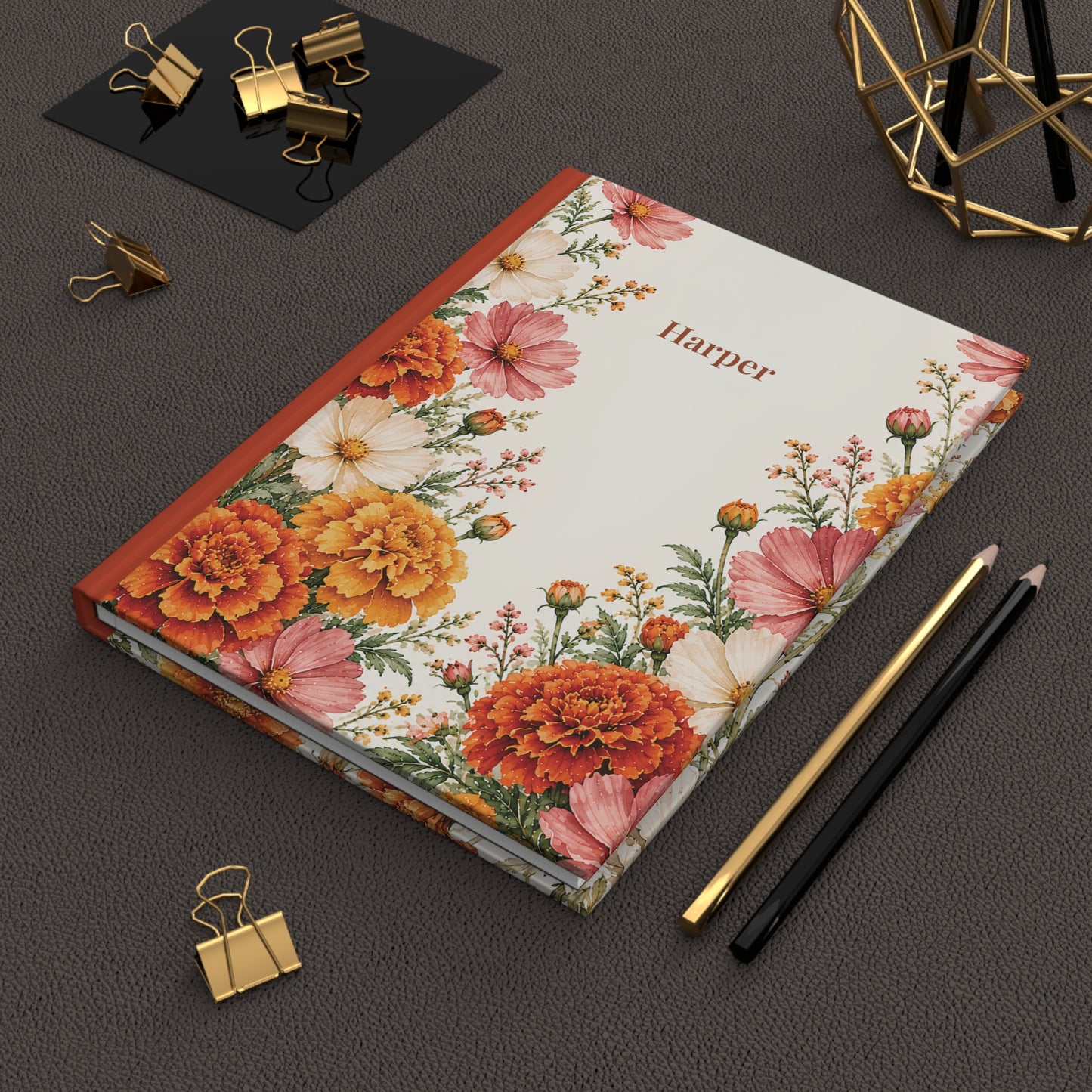 Hardcover Journal — Personalized Floral Notebook (Marigold & Cosmos)