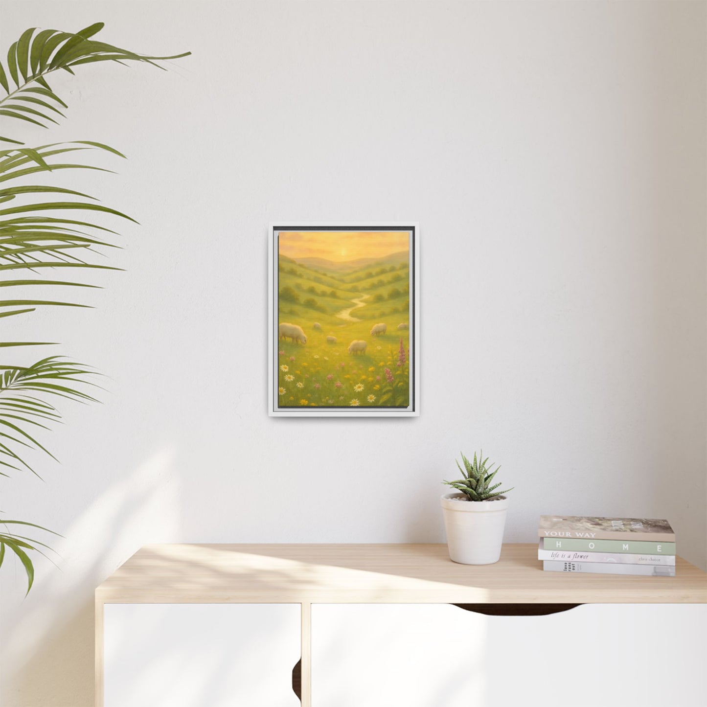 Golden Meadow Sunrise – Framed Matte Canvas Pastoral Landscape Art