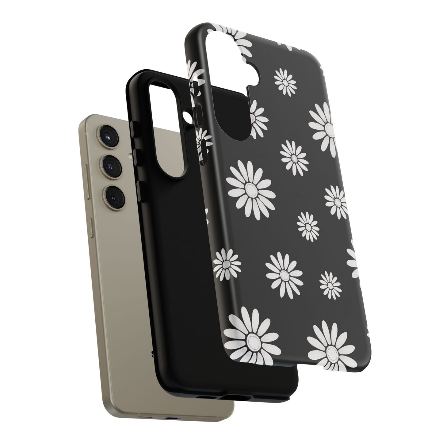 Retro Black & White Daisy Phone Case – Bold Floral Pattern with 3D Wrap Design