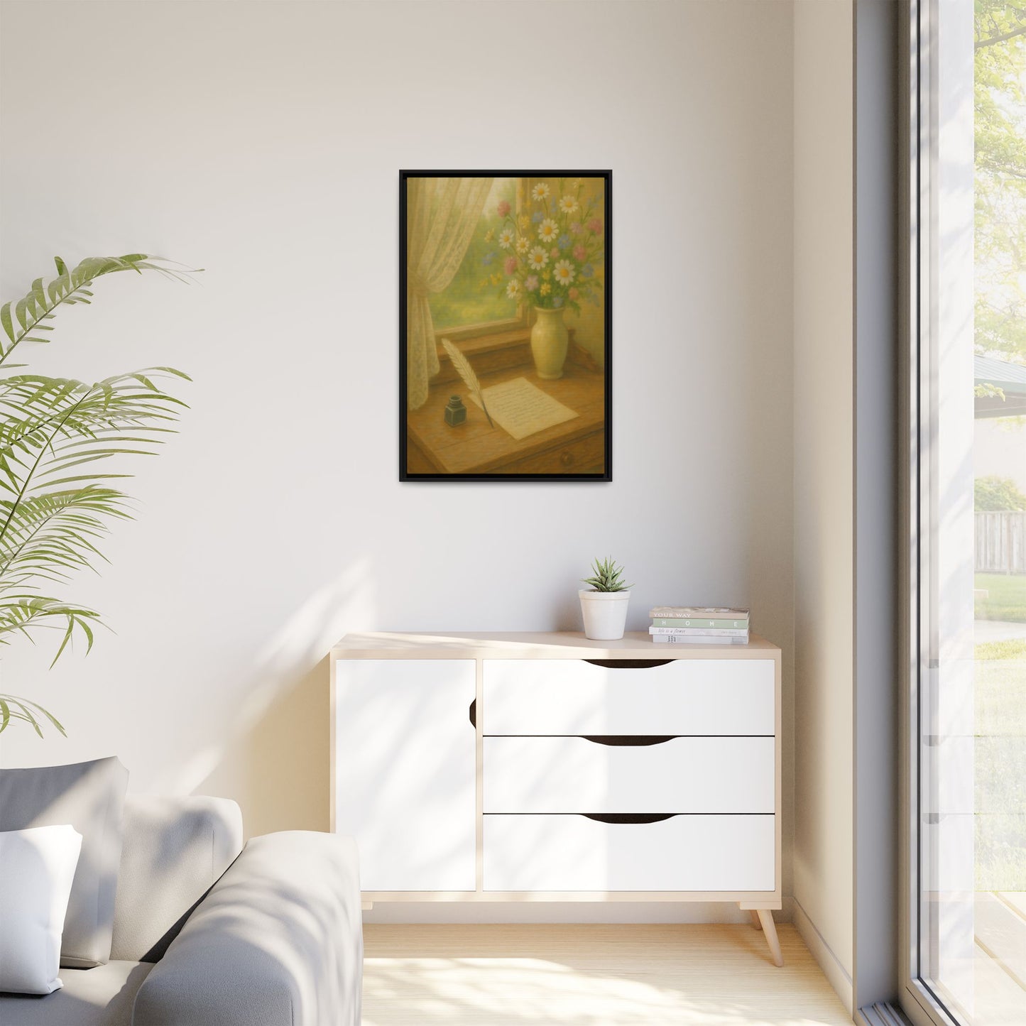 Sunlit Writing Desk – Framed Matte Canvas Art of Quill, Flowers & Lace Window
