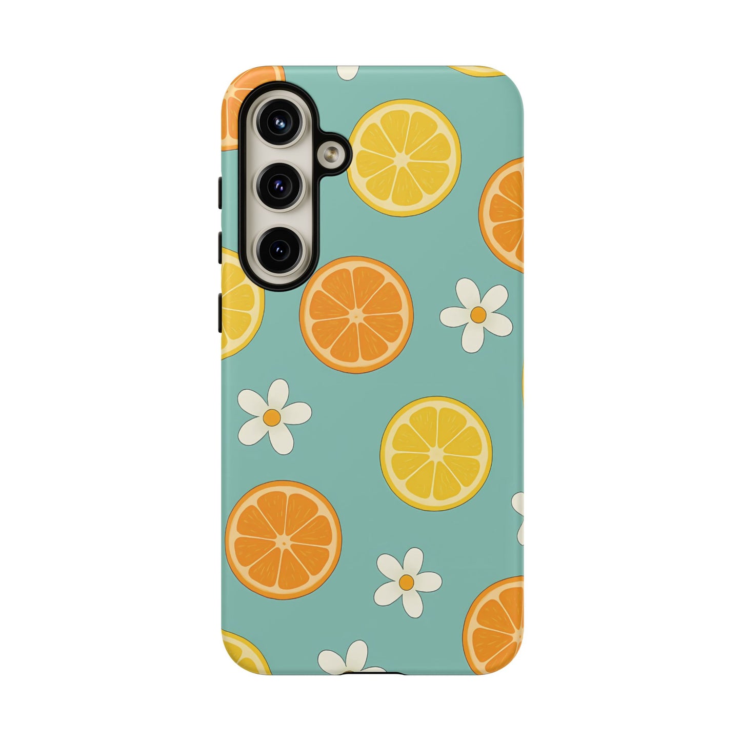 Citrus Bloom Phone Case – Orange, Lemon & Daisy Pattern on Teal